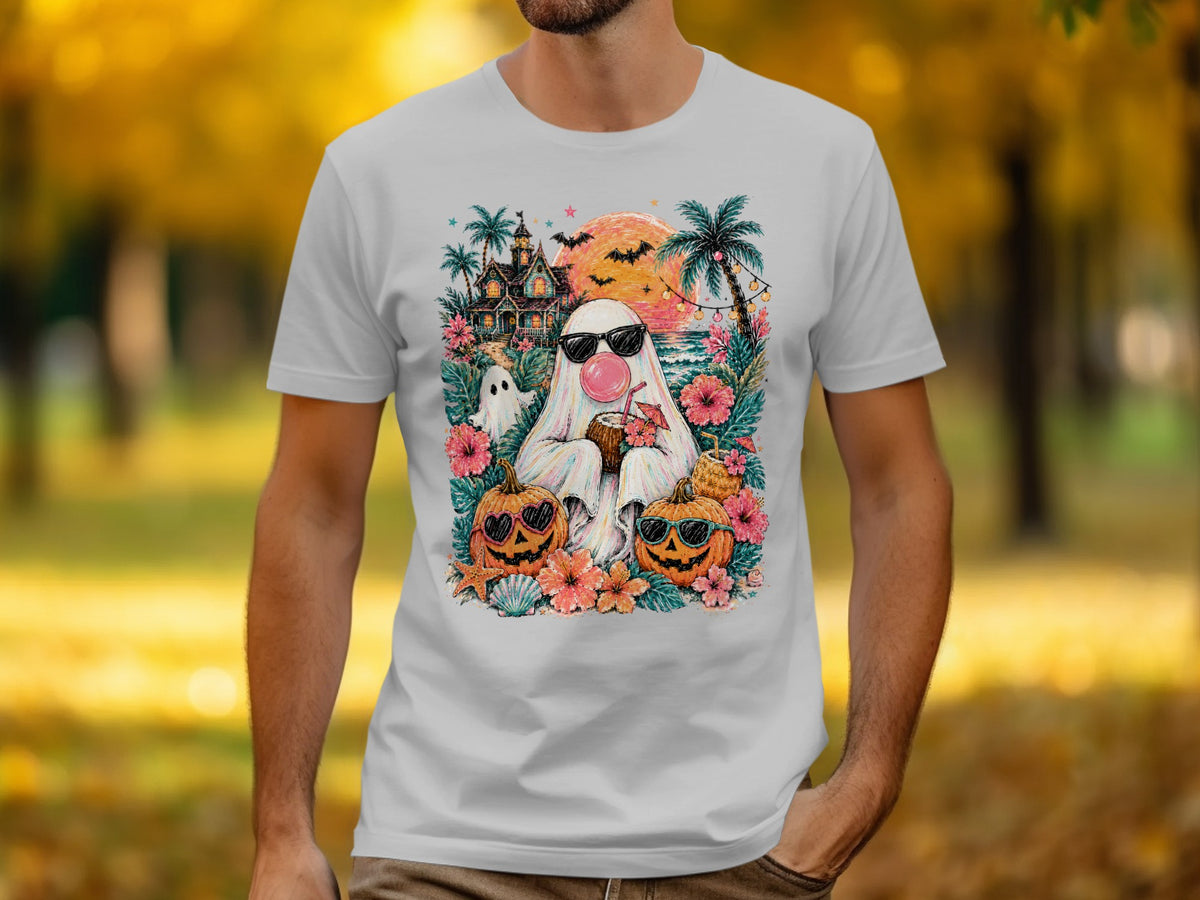 Ghost wearing sunglasses blows bubblegum next to pumpkins and tropical flowers.