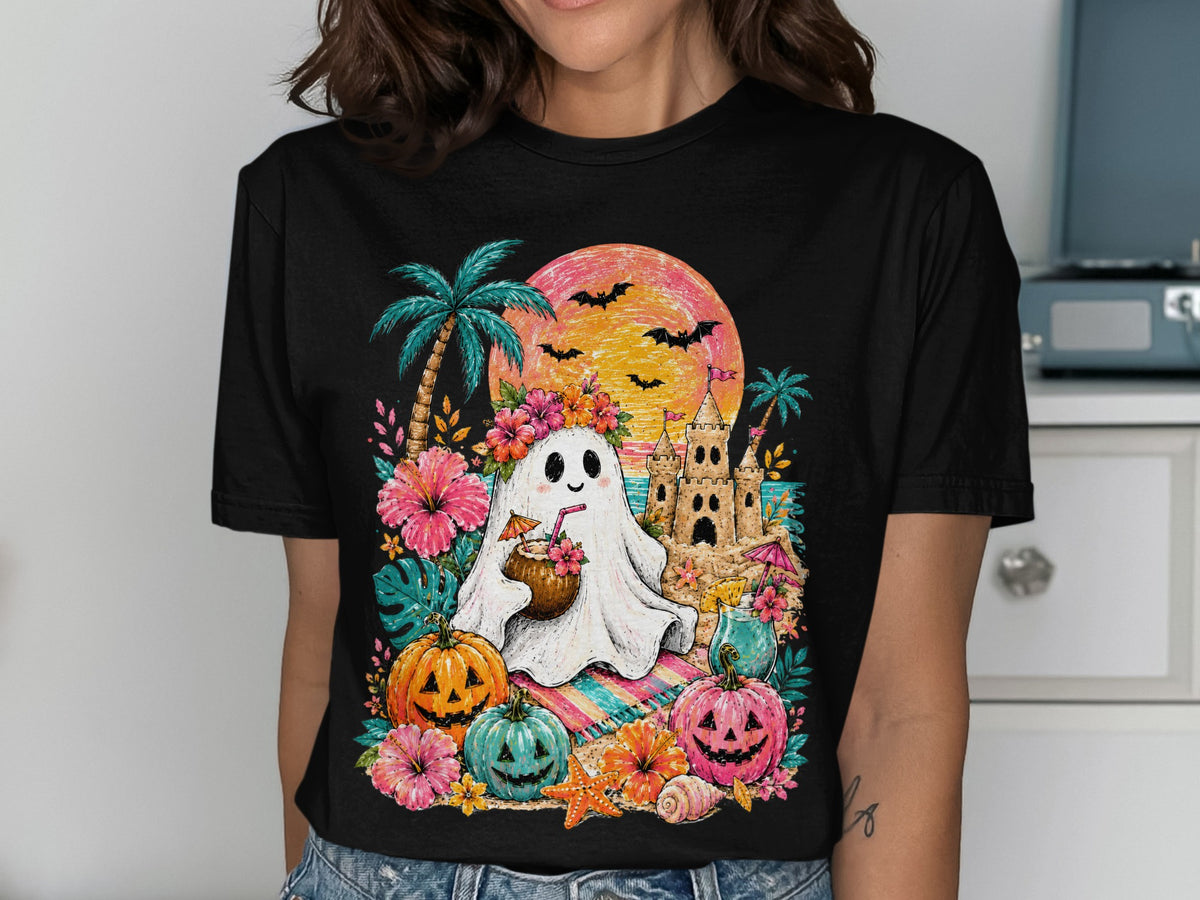 Ghost with tropical drinks, pumpkins, and sandcastle on a beach.