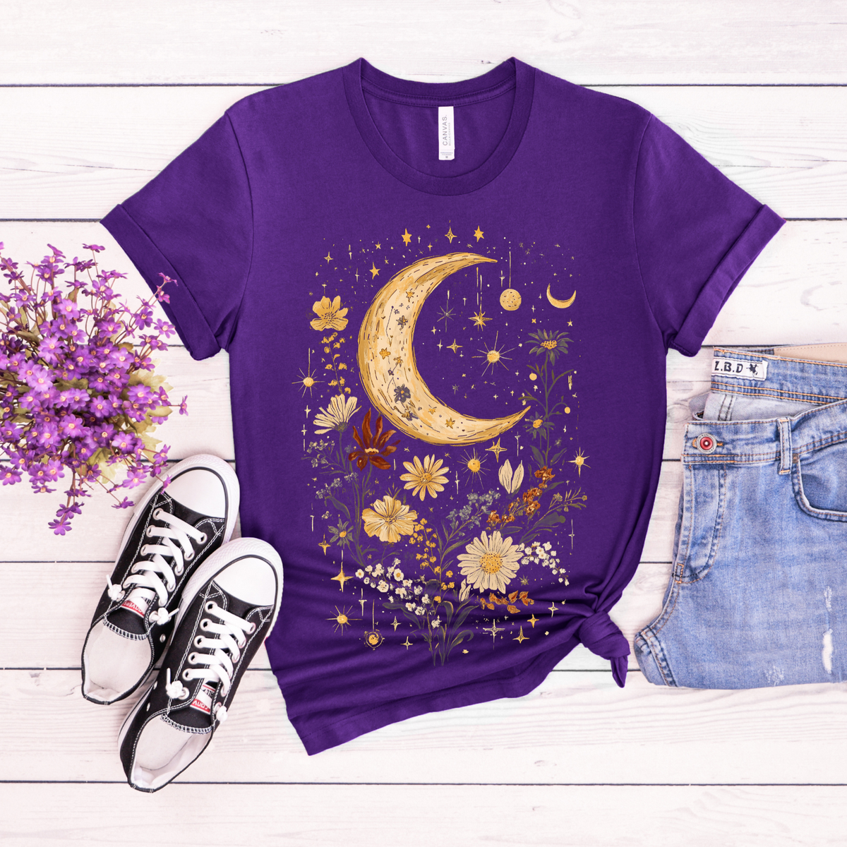 Celestial Floral Unisex Garment-Dyed T-Shirt | Moon & Stars Design, Cottage Core Celestial Shirt