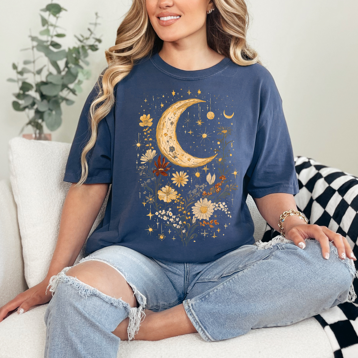 Celestial Floral Unisex Garment-Dyed T-Shirt | Moon & Stars Design, Cottage Core Celestial Shirt