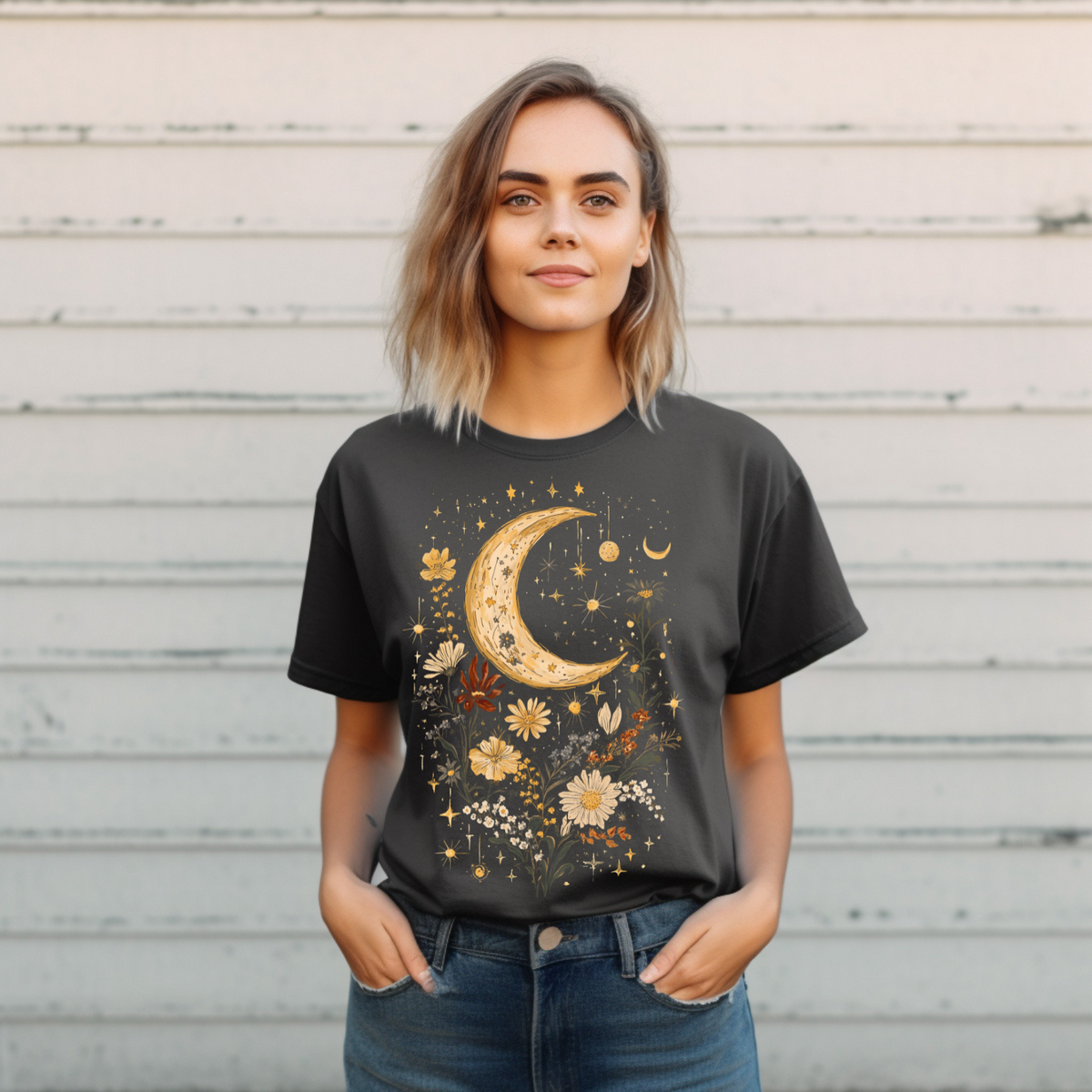 Celestial Floral Unisex Garment-Dyed T-Shirt | Moon & Stars Design, Cottage Core Celestial Shirt