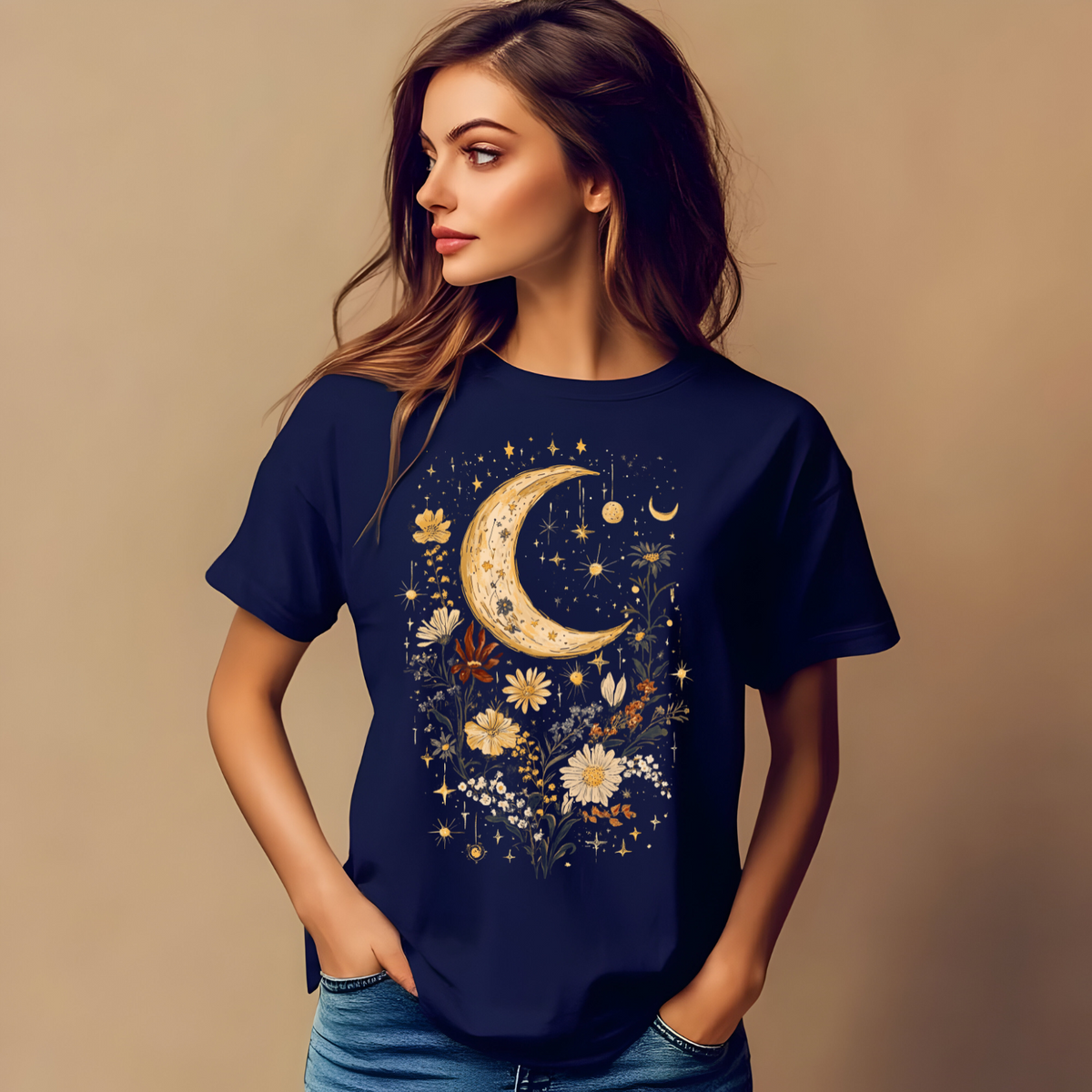 Celestial Floral Unisex Garment-Dyed T-Shirt | Moon & Stars Design, Cottage Core Celestial Shirt