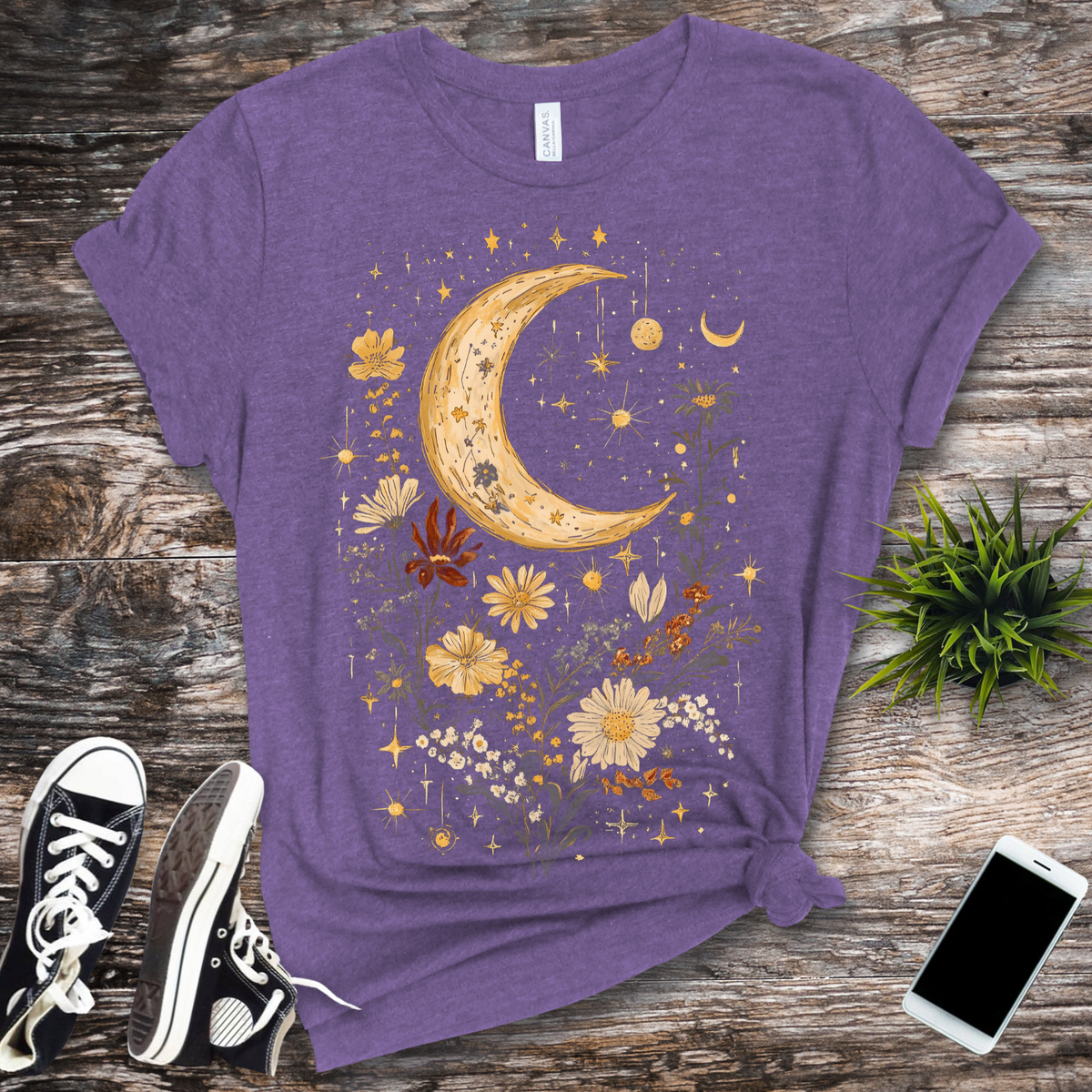 Celestial Floral Unisex Garment-Dyed T-Shirt | Moon & Stars Design, Cottage Core Celestial Shirt