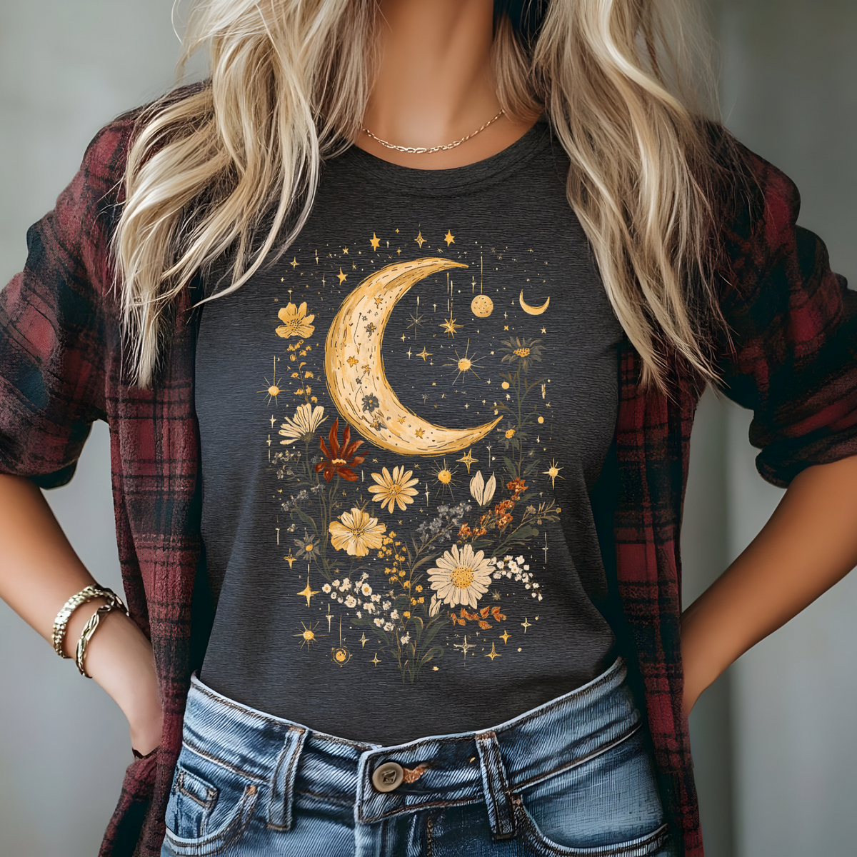 Celestial Floral Unisex Garment-Dyed T-Shirt | Moon & Stars Design, Cottage Core Celestial Shirt