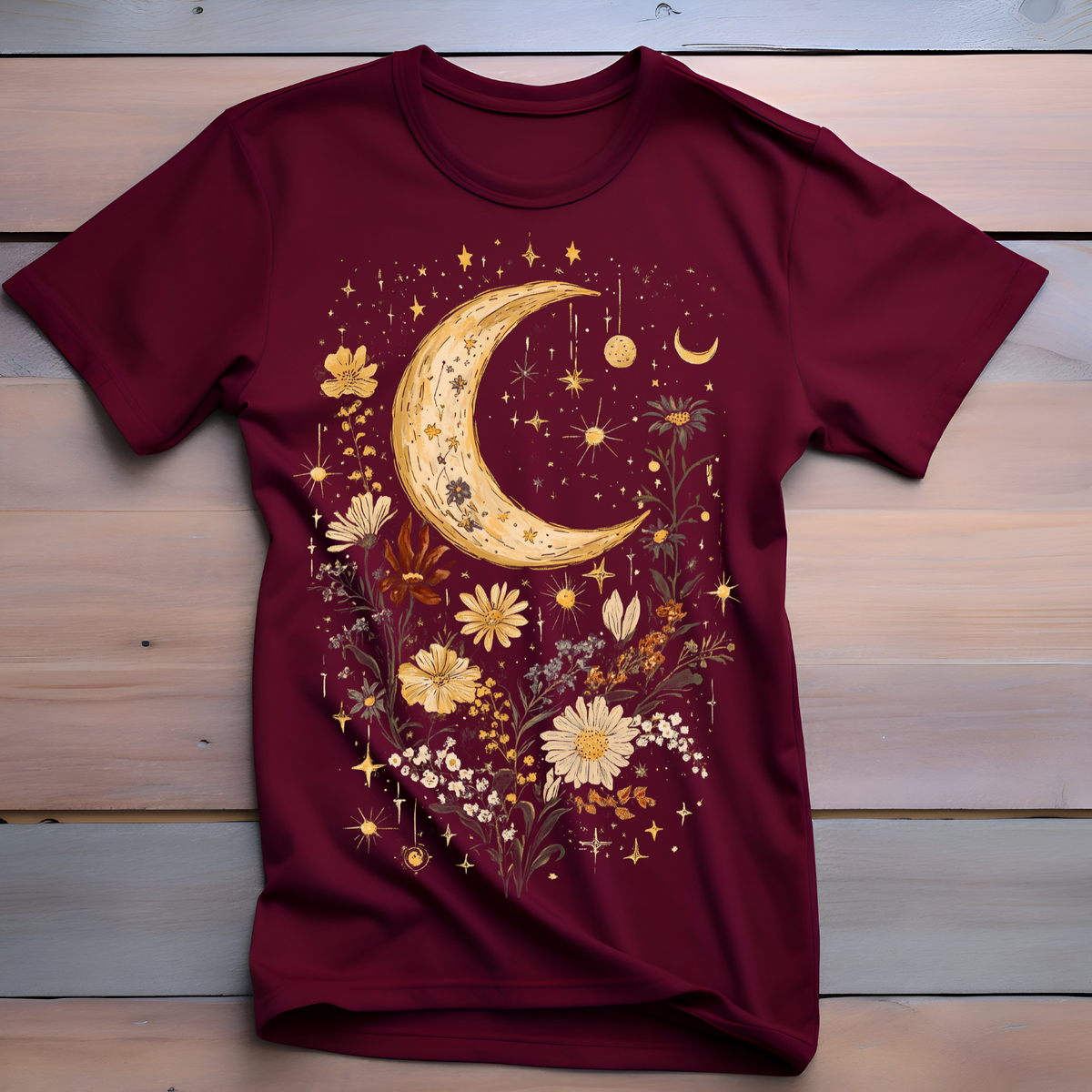 Celestial Floral Unisex Garment-Dyed T-Shirt | Moon & Stars Design, Cottage Core Celestial Shirt