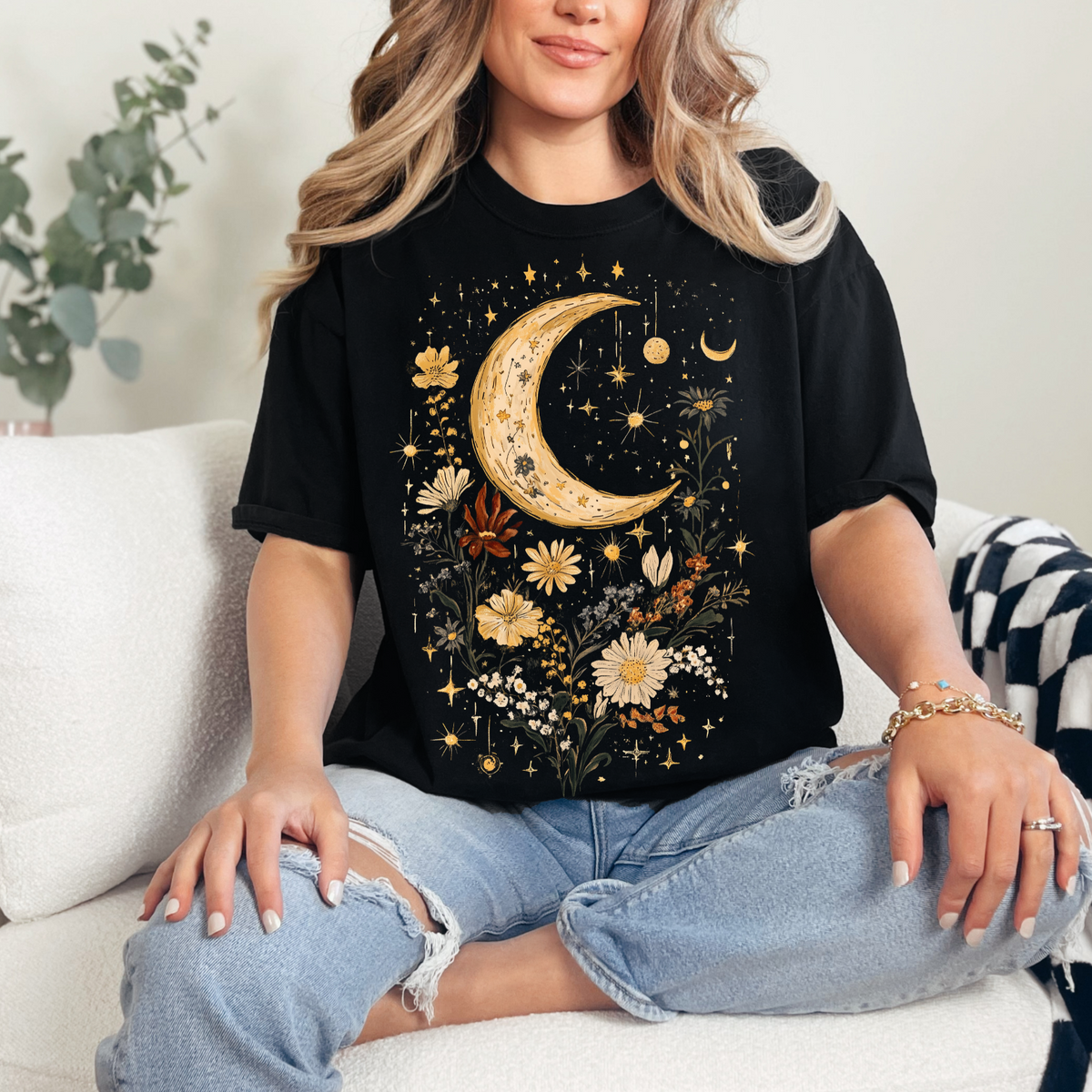 Celestial Floral Unisex Garment-Dyed T-Shirt | Moon & Stars Design, Cottage Core Celestial Shirt