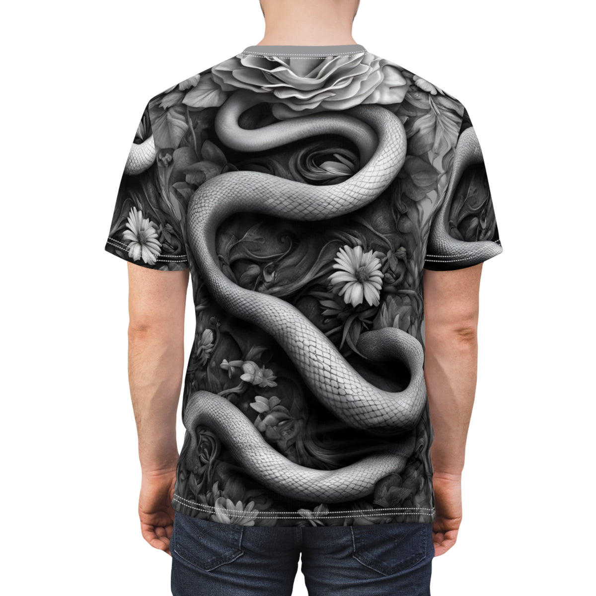 Serpent and Floral Unisex Tee - Stylish Graphic Shirt for Nature Lovers, Black and White Snake and Flowers AOP Shirt