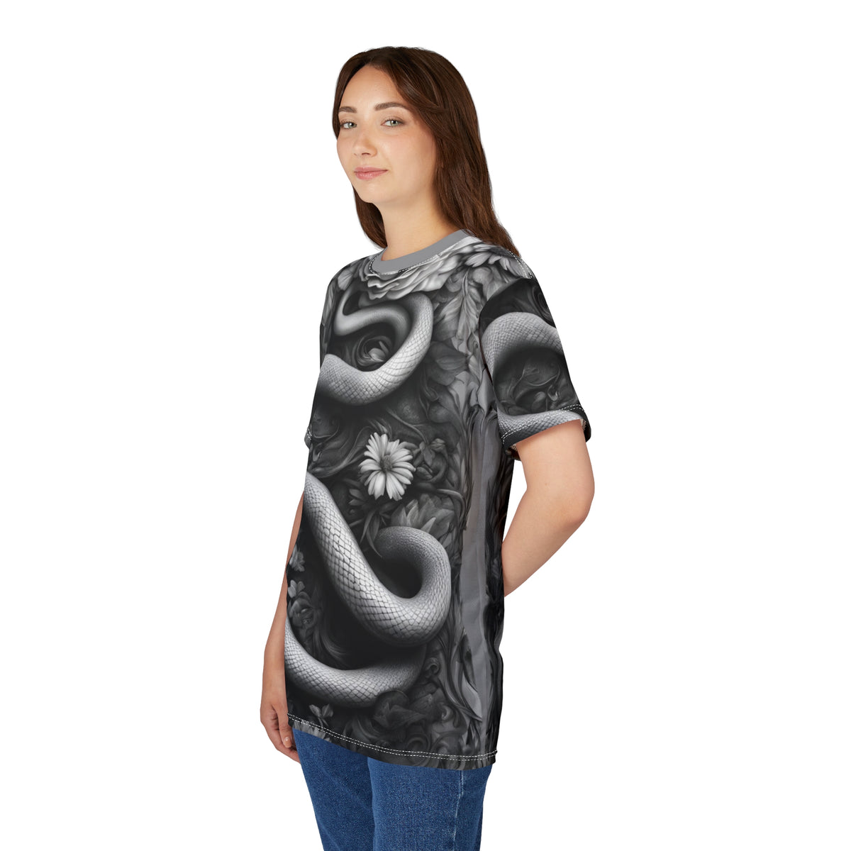 Serpent and Floral Unisex Tee - Stylish Graphic Shirt for Nature Lovers, Black and White Snake and Flowers AOP Shirt
