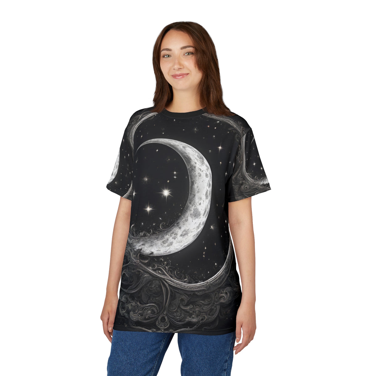 Celestial Moon Unisex Tee - Cosmic Black Design, Black and White Celestial Crescent Moon AOP Shirt
