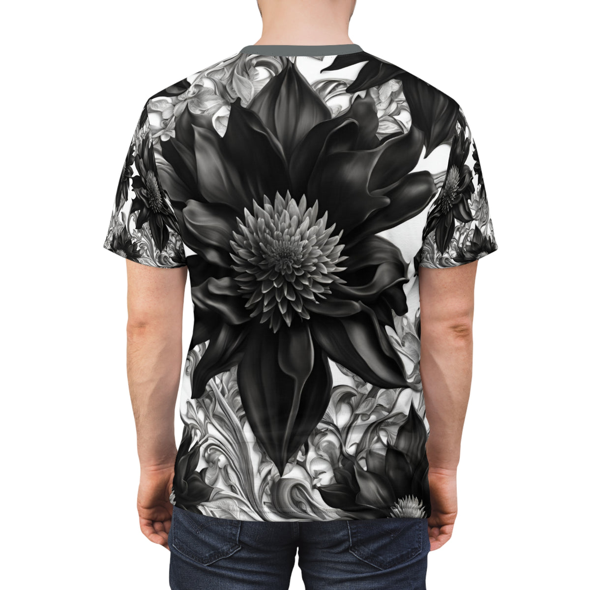 Elegant Floral Unisex Tee - Black & White Design, Gothic Black and White Flowers Shirt, Goth Flowers AOP Shirt