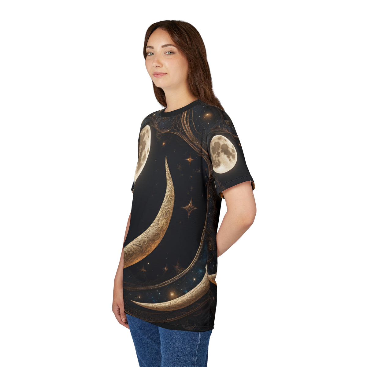 Celestial Moon Unisex Tee - Starry Night Graphic Shirt, Celestial Crescent Moon Shirt, Celestial AOP Shirt