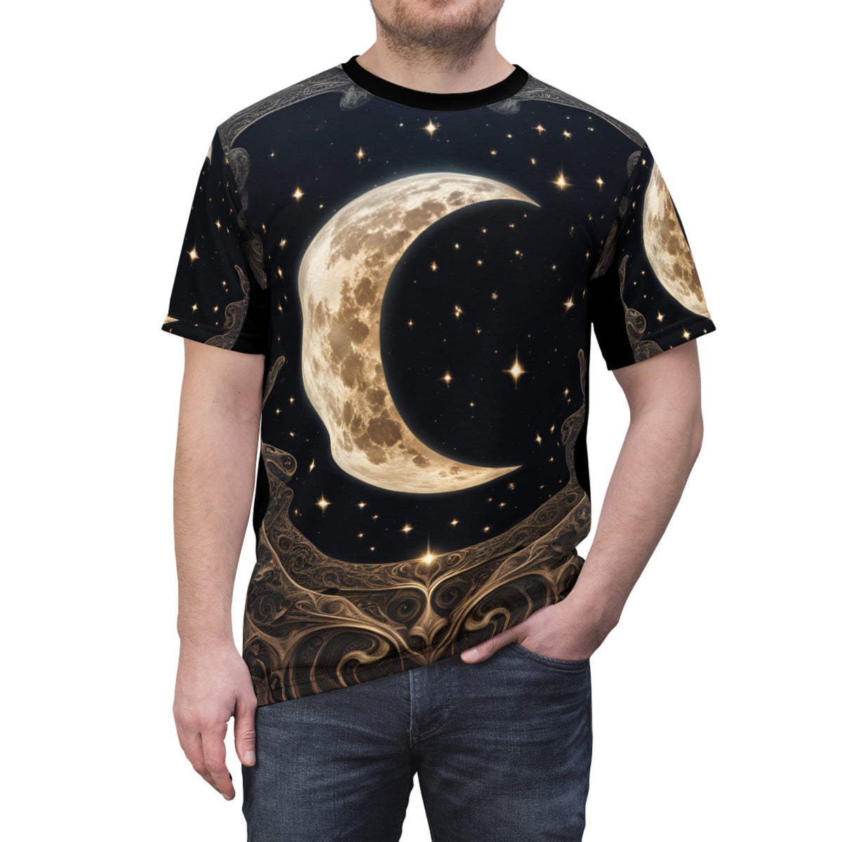 Celestial Moon Unisex Cut & Sew Tee - Night Sky Graphic T-Shirt, Celestial Crescent Moon AOP Shirt