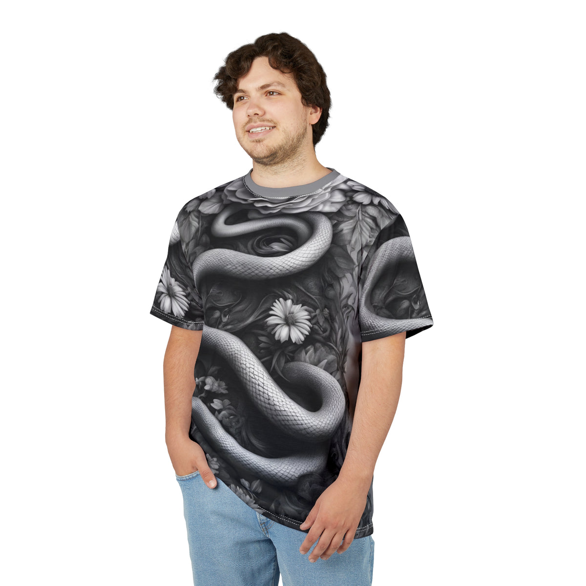 Serpent and Floral Unisex Tee - Stylish Graphic Shirt for Nature Lovers, Black and White Snake and Flowers AOP Shirt