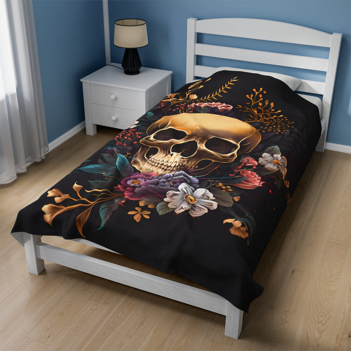 Skull and Flowers Velveteen Plush Blanket, Skull and Flowers Blanket, Gothic Design Blanket, Halloween Blanket, Skull and Flowers Gift