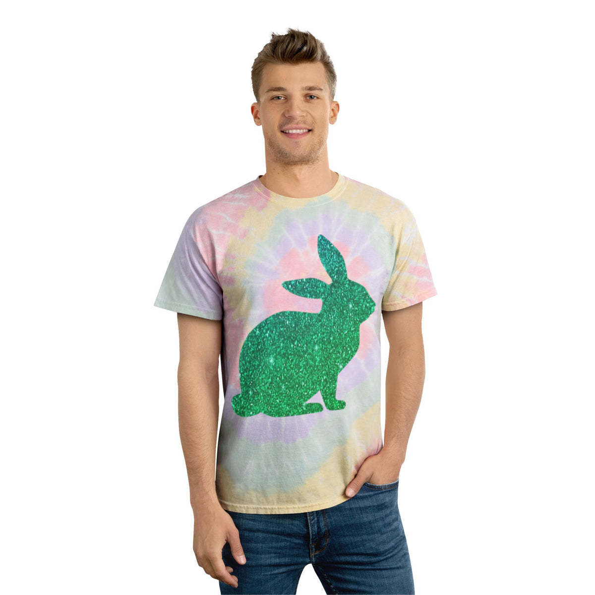 Spiral Tie-Dye Tee with Glitter Rabbit Design, Boho Style Shirt, Easter Celebration, Summer Vibes, Gift for Animal Lovers, Handmade Apparel