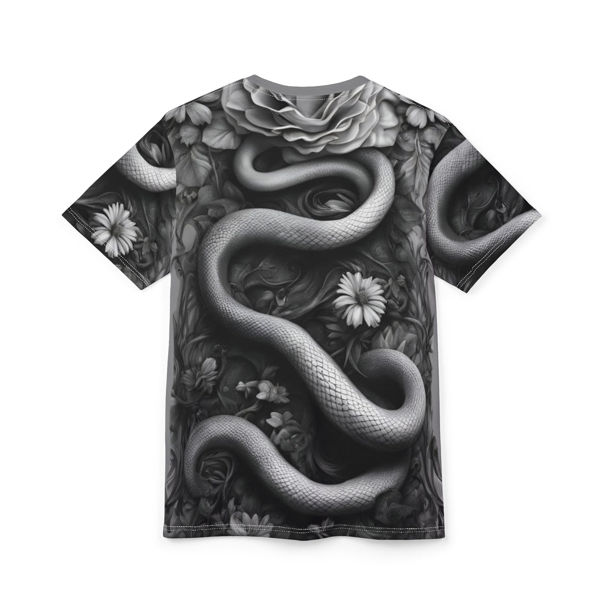 Serpent and Floral Unisex Tee - Stylish Graphic Shirt for Nature Lovers, Black and White Snake and Flowers AOP Shirt