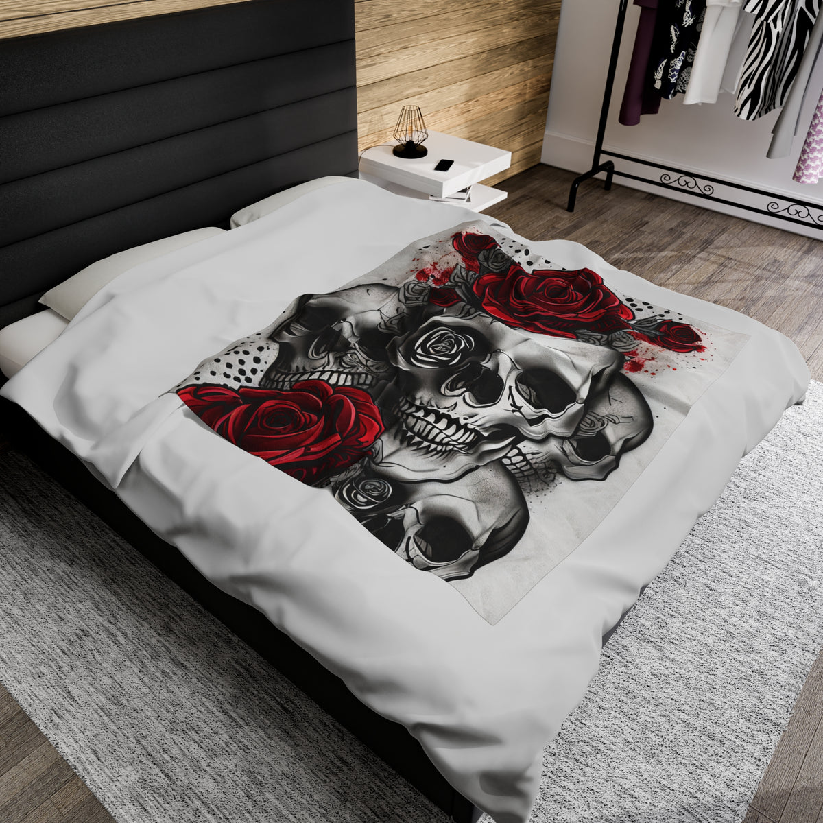 Skull and Roses Velveteen Plush Blanket, Skull and Roses Blanket, Halloween Blanket, Gothic Blanket, Skelton Blanket, Skull Goth Blanket