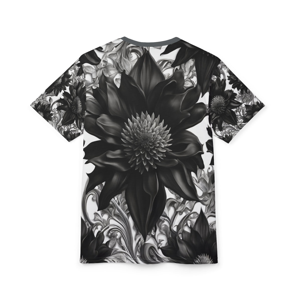 Elegant Floral Unisex Tee - Black & White Design, Gothic Black and White Flowers Shirt, Goth Flowers AOP Shirt
