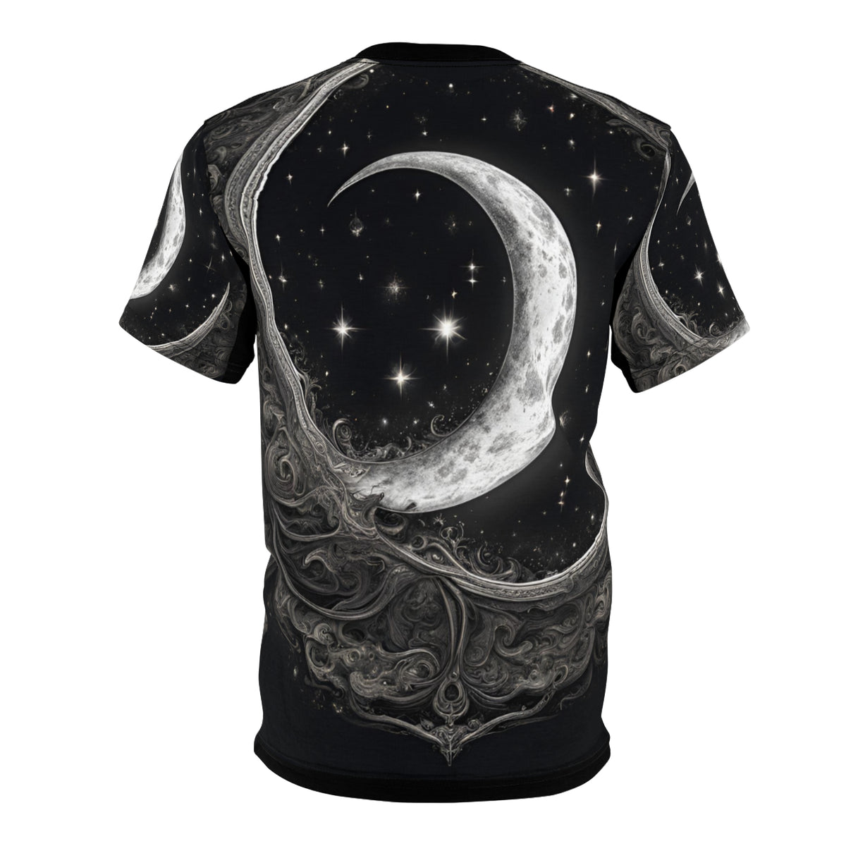 Celestial Moon Unisex Tee - Cosmic Black Design, Black and White Celestial Crescent Moon AOP Shirt
