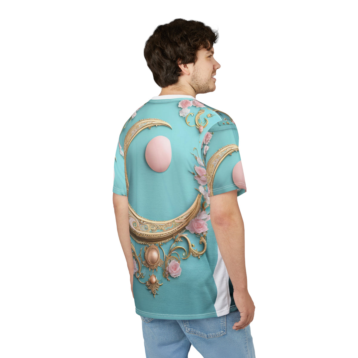 Elegant Moon & Floral Unisex Tee - Stylish Cut & Sew Design, Elegant Crescent Moon AOP Shirt
