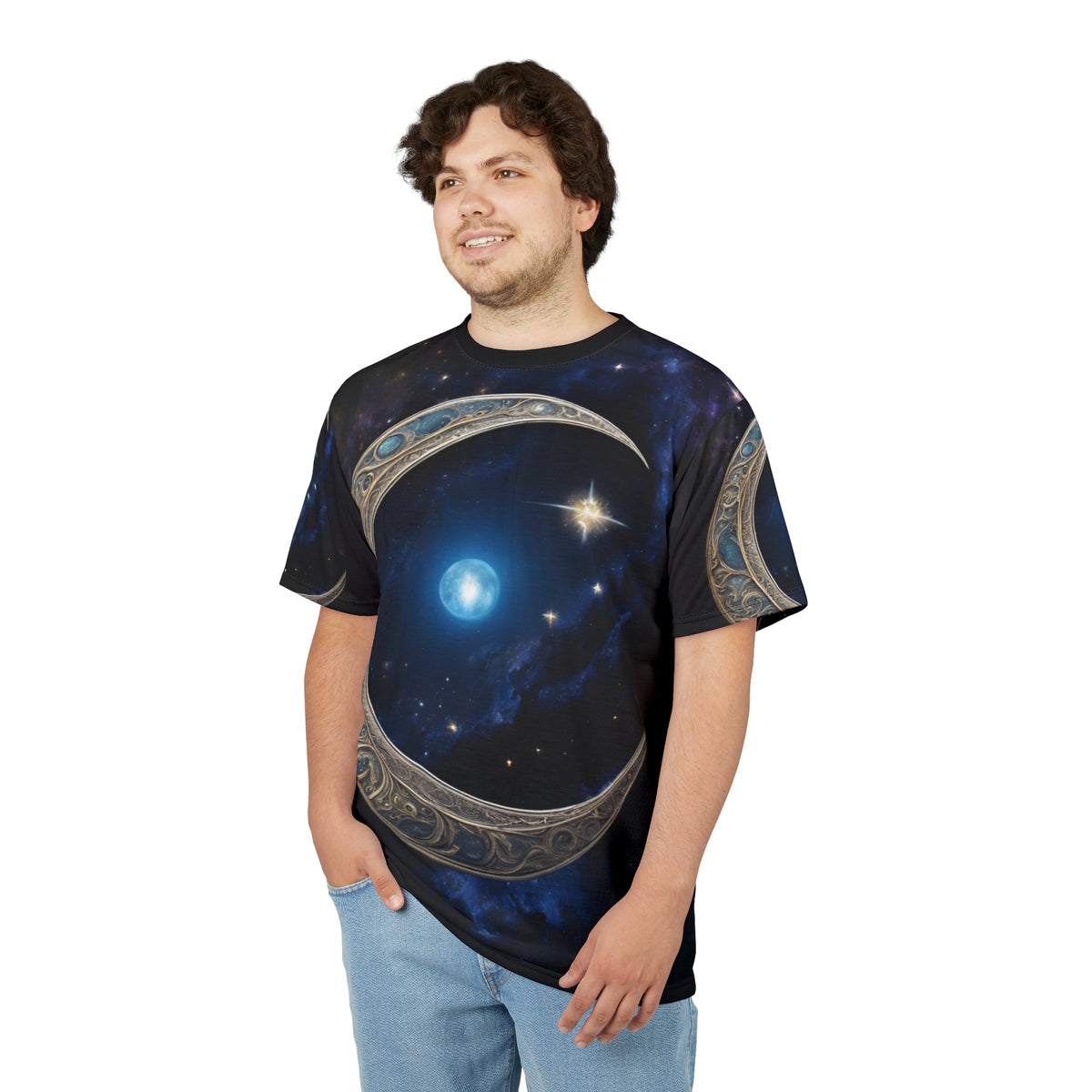 Celestial Chic Unisex Cut & Sew Tee - Mystical Moon & Star Design, Celestial Crescent Moon AOP Shirt
