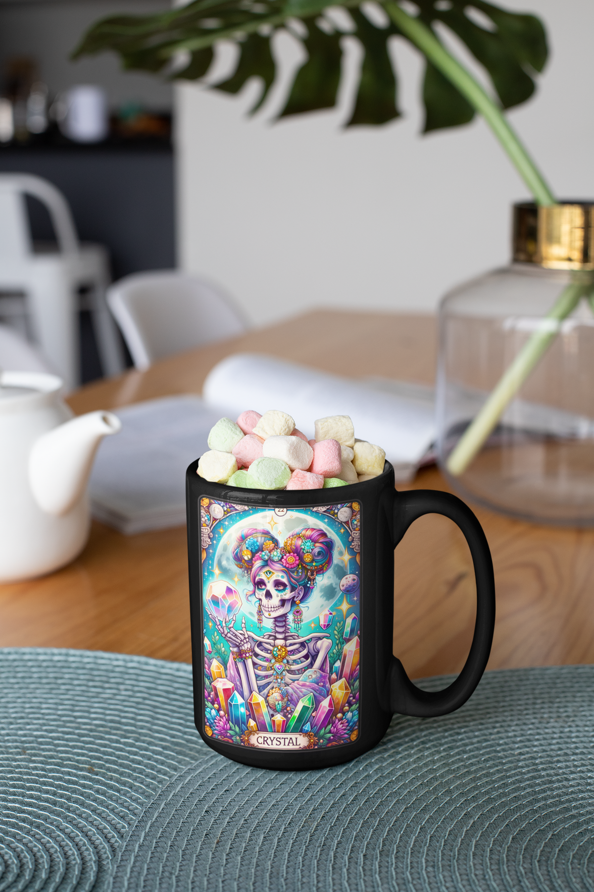 Crystal Skeleton Black Mug - Vibrant Art for Coffee Lovers, Coffee Mug for Crystal Lovers, Crystal Tarot Card Coffee Mug, Crystal Collector Coffee Mug
