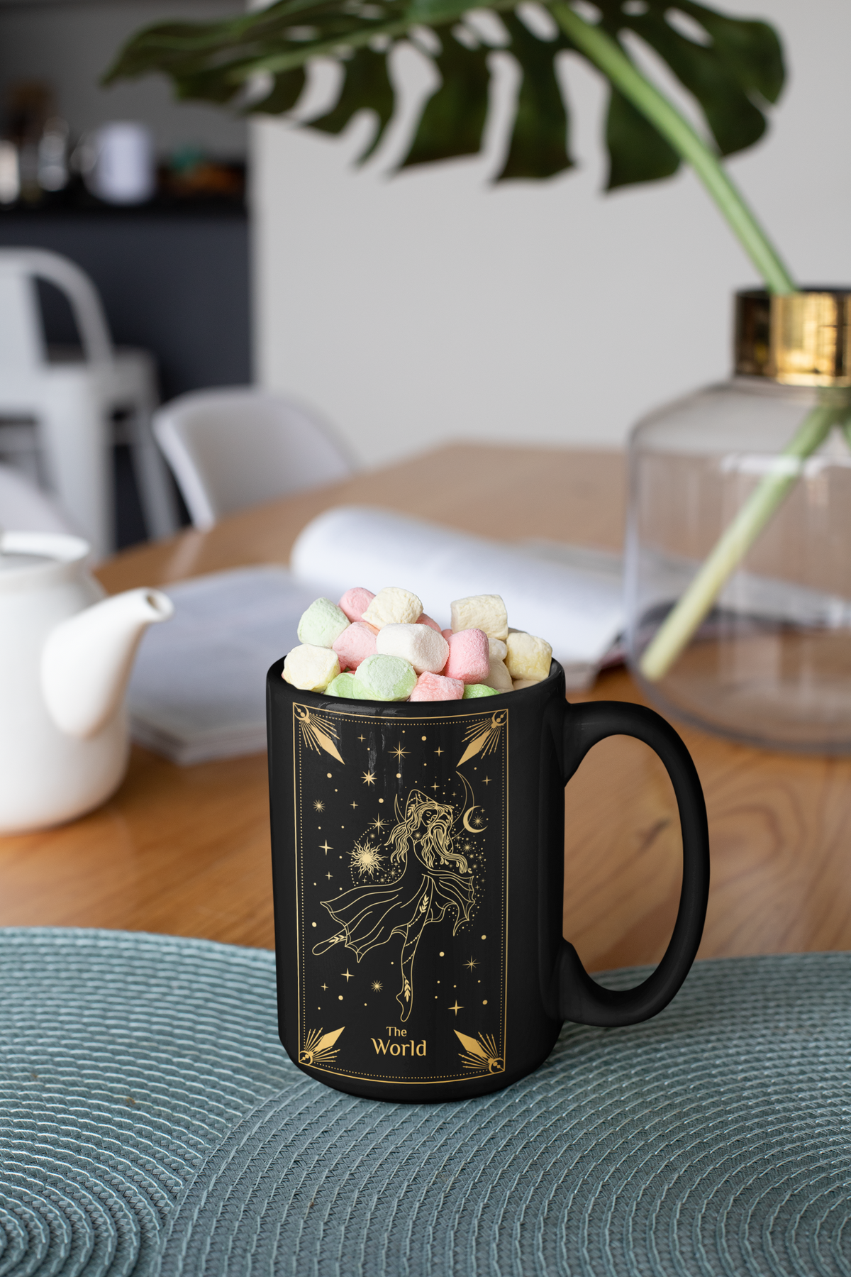 Chic Celestial Ceramic Mug - The World Design, 11oz & 15oz, The World Tarot Card Coffee Mug, Celestial Woman Mug, Mystical Mug