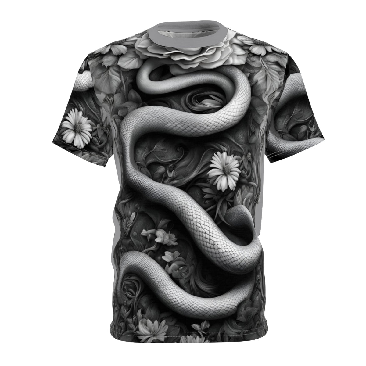 Serpent and Floral Unisex Tee - Stylish Graphic Shirt for Nature Lovers, Black and White Snake and Flowers AOP Shirt