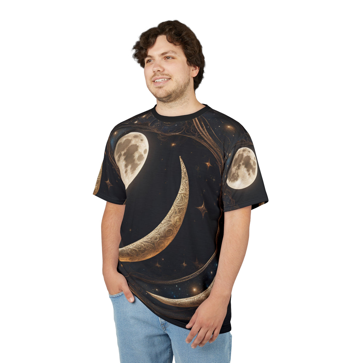 Celestial Moon Unisex Tee - Starry Night Graphic Shirt, Celestial Crescent Moon Shirt, Celestial AOP Shirt