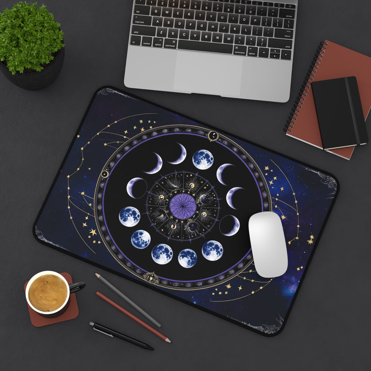 Vintage Gothic Celestial Art Desk Mat, Moon Phase Lunar Mousepad, Eclectic Witch Aesthetic Mousepad, Universe Stars Desk Decor Dark Academia