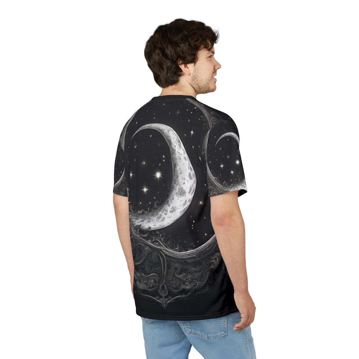 Celestial Moon Unisex Tee - Cosmic Black Design, Black and White Celestial Crescent Moon AOP Shirt