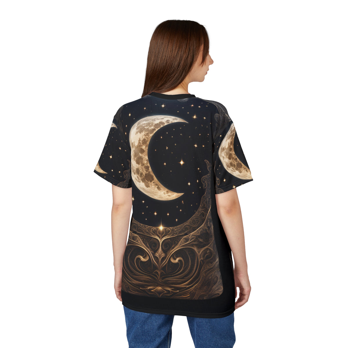 Celestial Moon Unisex Cut & Sew Tee - Night Sky Graphic T-Shirt, Celestial Crescent Moon AOP Shirt