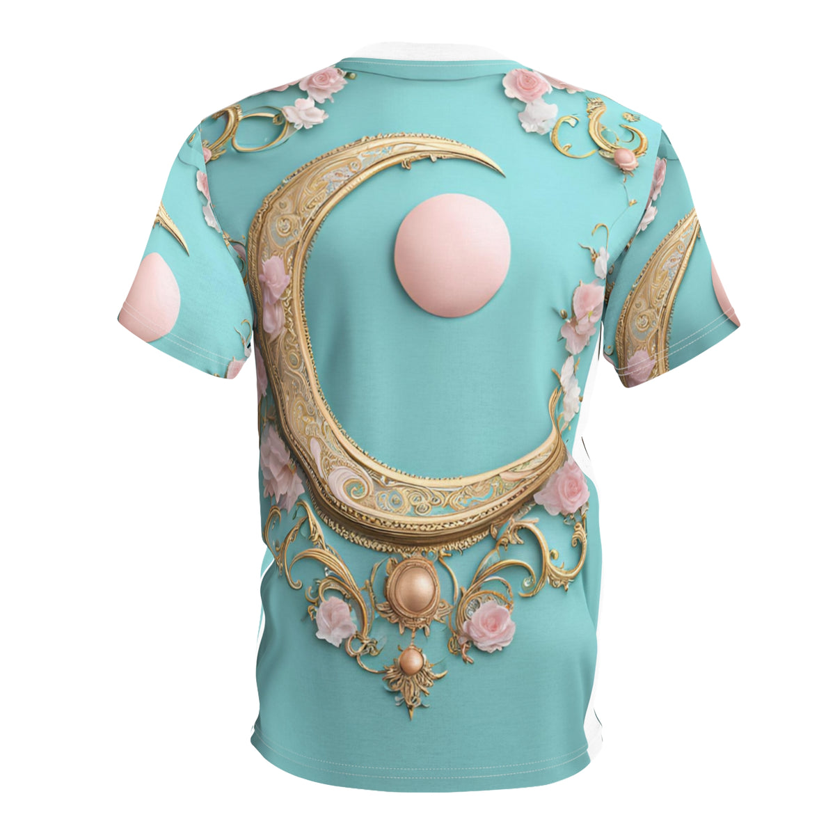 Elegant Moon & Floral Unisex Tee - Stylish Cut & Sew Design, Elegant Crescent Moon AOP Shirt