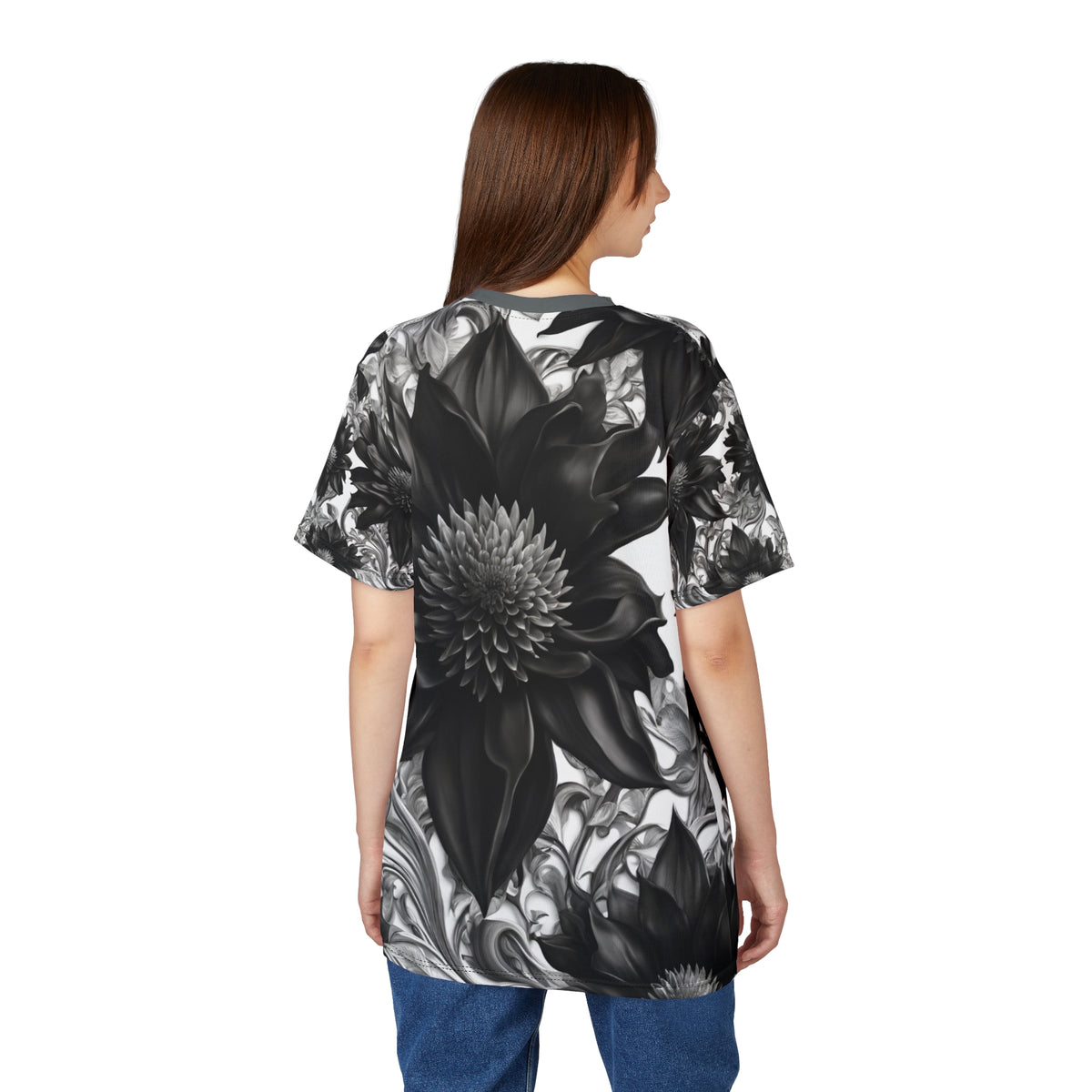 Elegant Floral Unisex Tee - Black & White Design, Gothic Black and White Flowers Shirt, Goth Flowers AOP Shirt