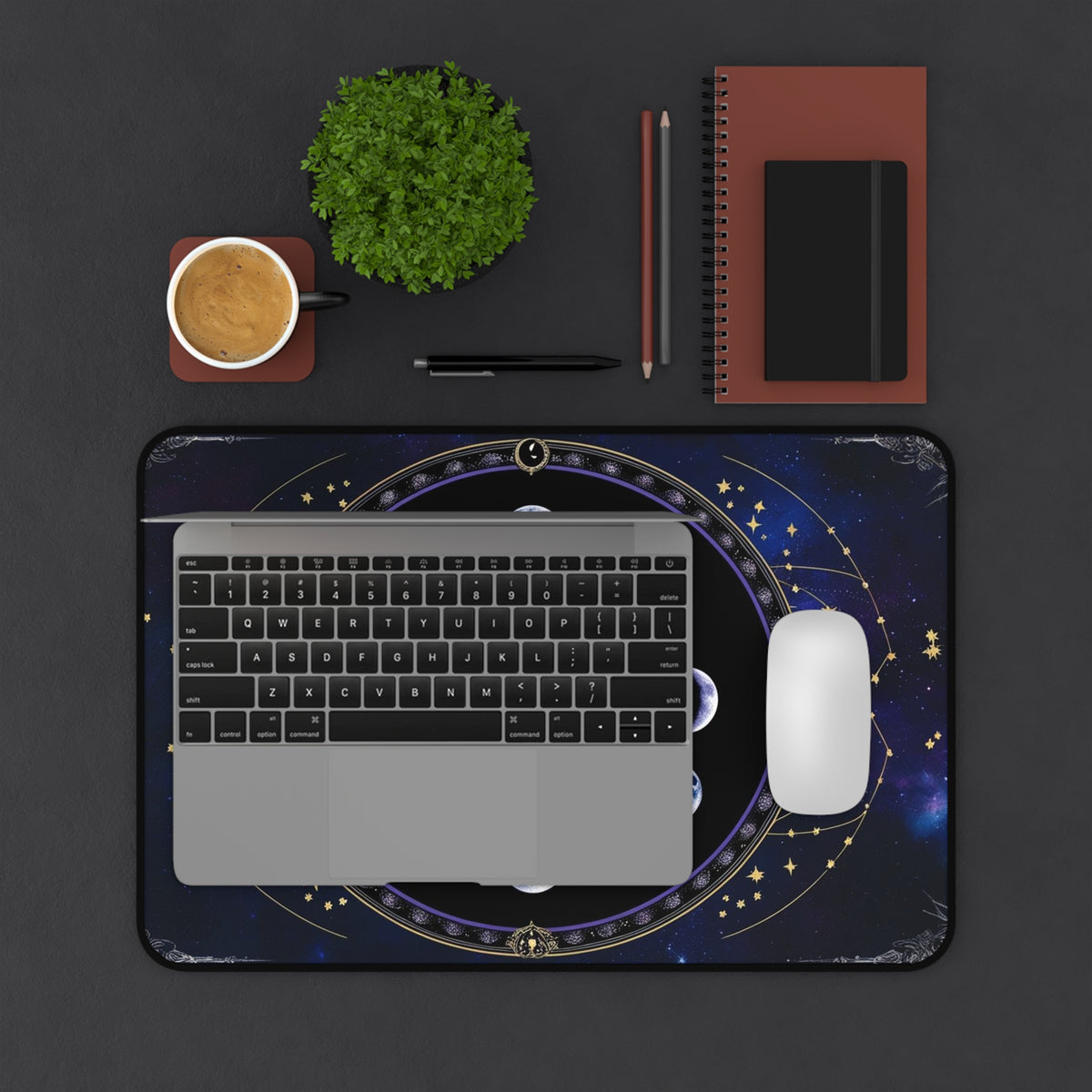 Vintage Gothic Celestial Art Desk Mat, Moon Phase Lunar Mousepad, Eclectic Witch Aesthetic Mousepad, Universe Stars Desk Decor Dark Academia