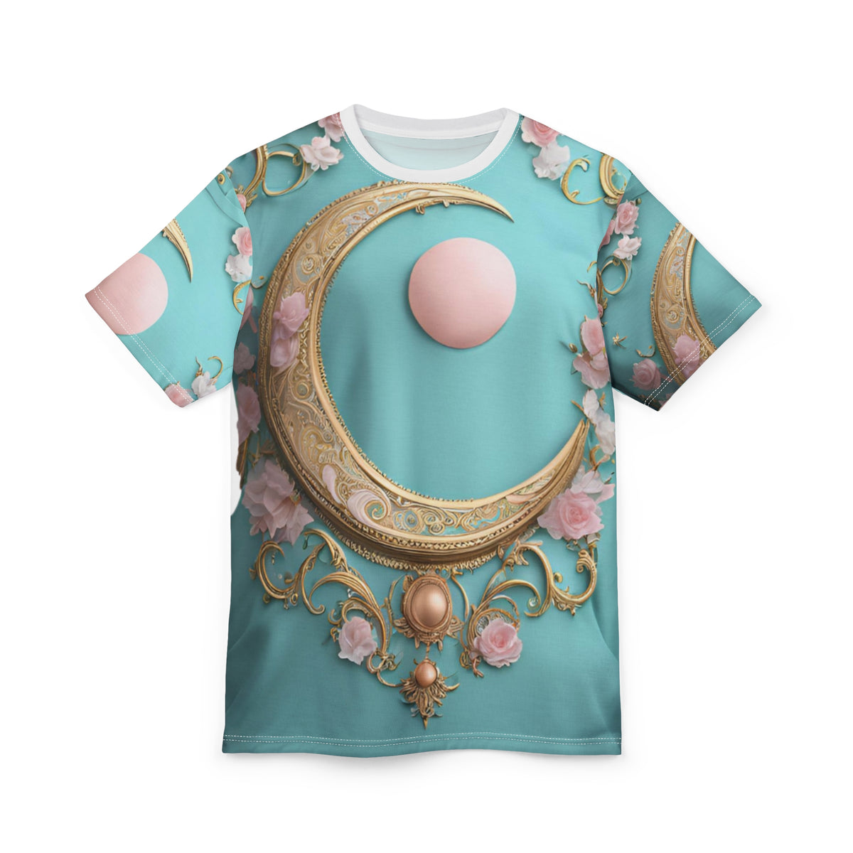 Elegant Moon & Floral Unisex Tee - Stylish Cut & Sew Design, Elegant Crescent Moon AOP Shirt