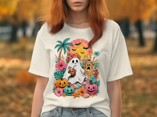 White t-shirt with a Halloween beach graphic featuring a ghost, pumpkins, and sandcastle.