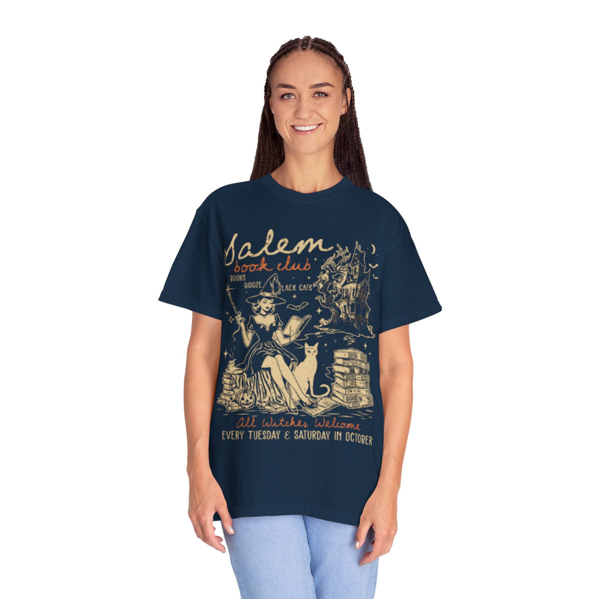 Salem Book Club T-Shirt - Unisex Garment-Dyed Tee for Book Lovers,  Vintage Salem Witch Halloween Shirt