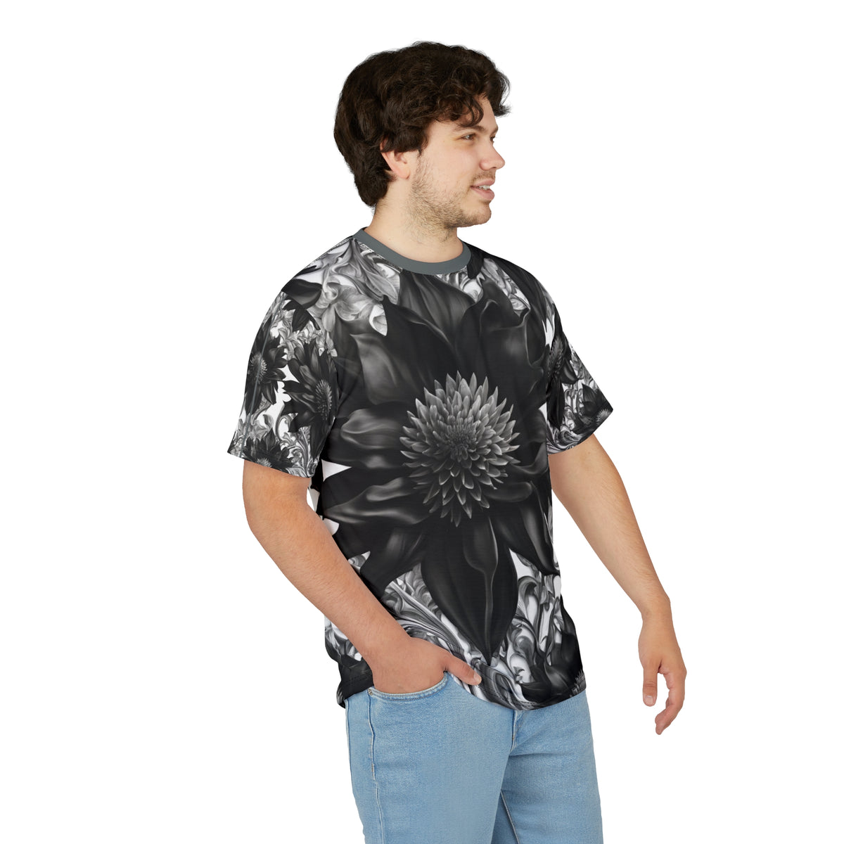 Elegant Floral Unisex Tee - Black & White Design, Gothic Black and White Flowers Shirt, Goth Flowers AOP Shirt