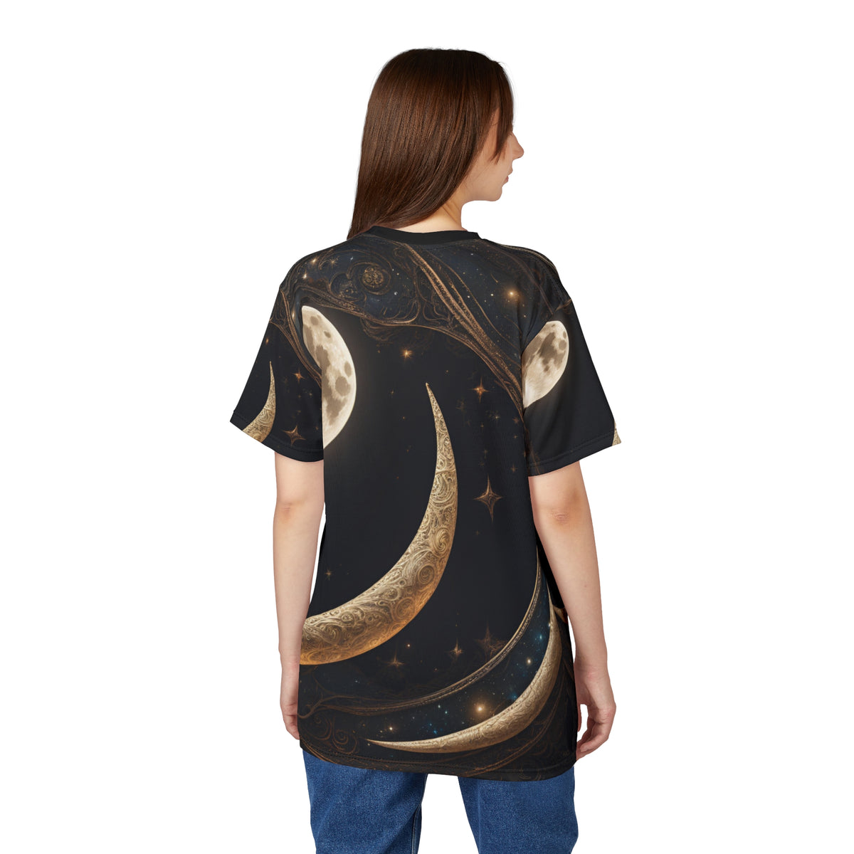 Celestial Moon Unisex Tee - Starry Night Graphic Shirt, Celestial Crescent Moon Shirt, Celestial AOP Shirt