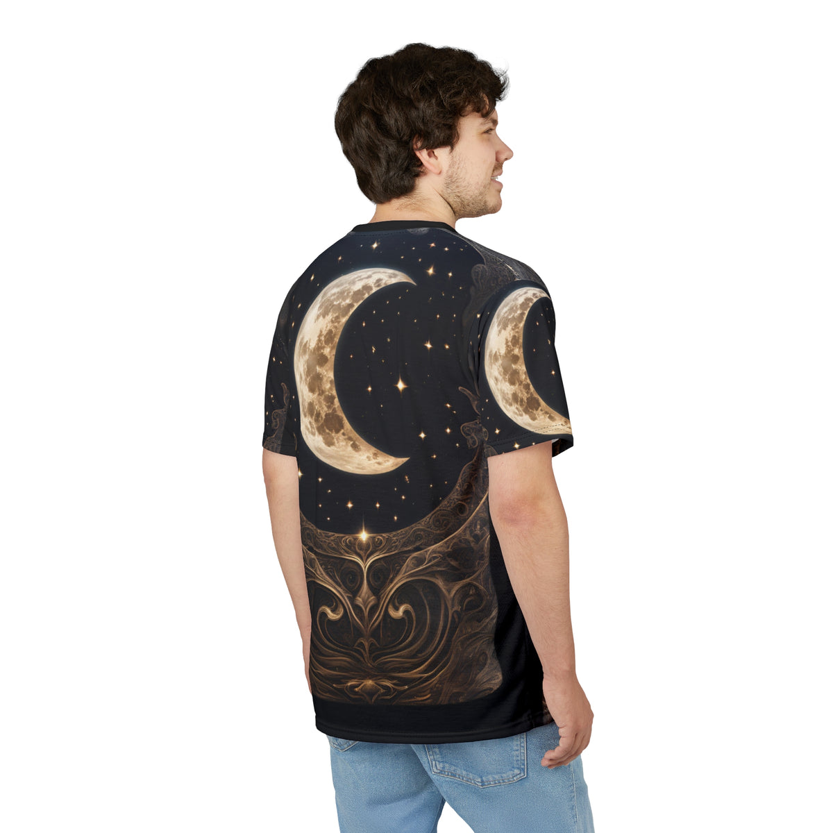 Celestial Moon Unisex Cut & Sew Tee - Night Sky Graphic T-Shirt, Celestial Crescent Moon AOP Shirt