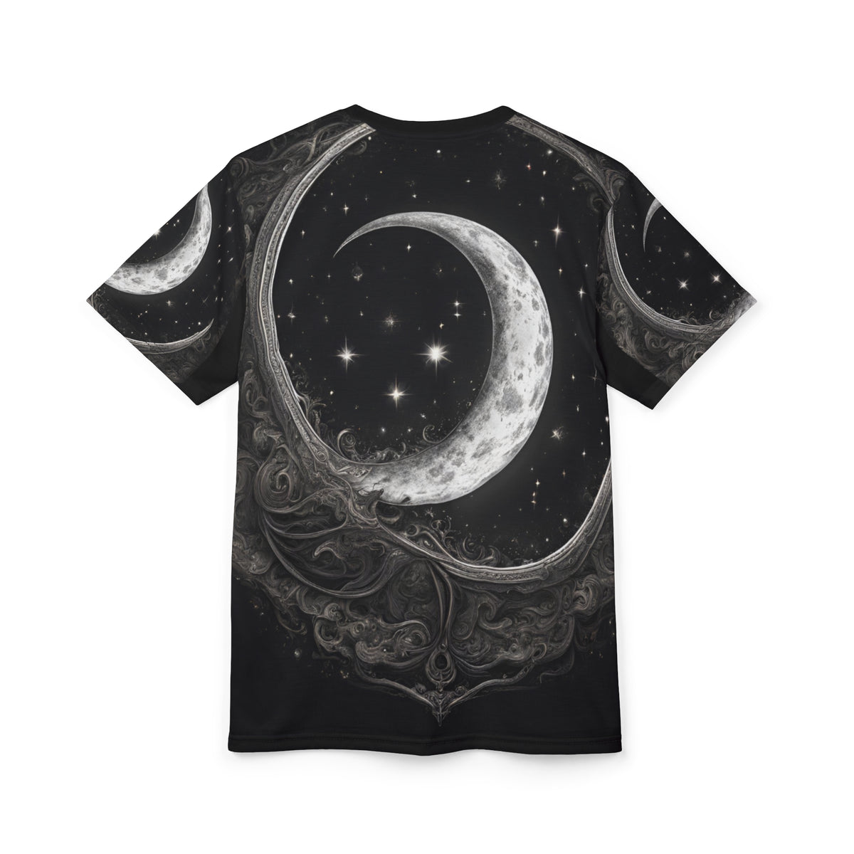 Celestial Moon Unisex Tee - Cosmic Black Design, Black and White Celestial Crescent Moon AOP Shirt