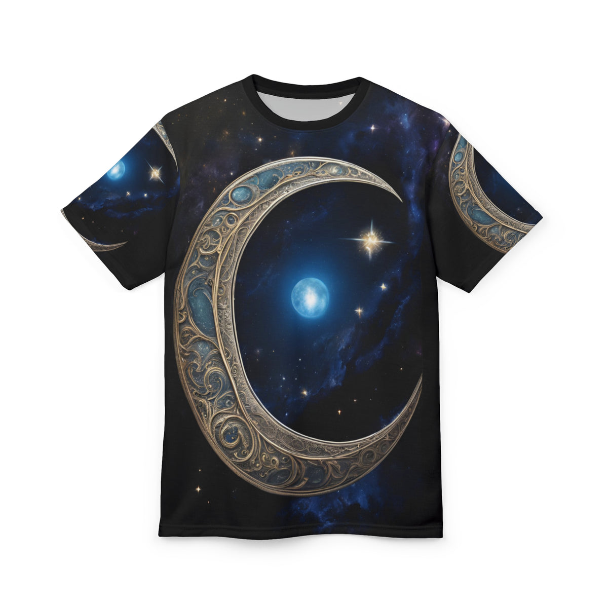Celestial Chic Unisex Cut & Sew Tee - Mystical Moon & Star Design, Celestial Crescent Moon AOP Shirt