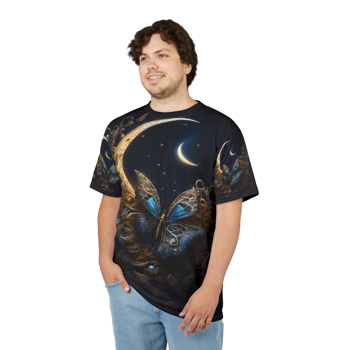 Majestic Butterfly Moon Unisex Tee - Celestial Art & Nature Design, Celestial Butterfly AOP Shirt