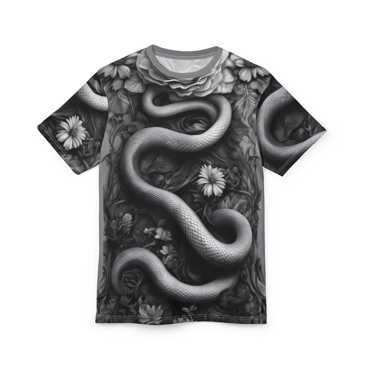 Serpent and Floral Unisex Tee - Stylish Graphic Shirt for Nature Lovers, Black and White Snake and Flowers AOP Shirt