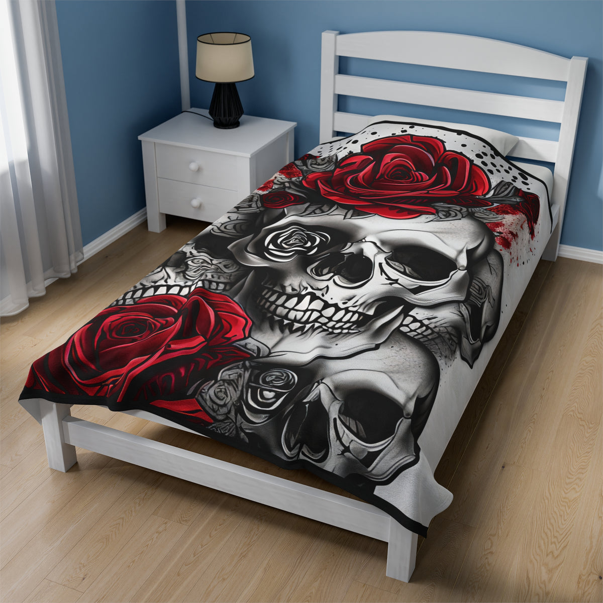 Skull and Roses Velveteen Plush Blanket, Skull and Roses Blanket, Halloween Blanket, Gothic Blanket, Skelton Blanket, Skull Goth Blanket