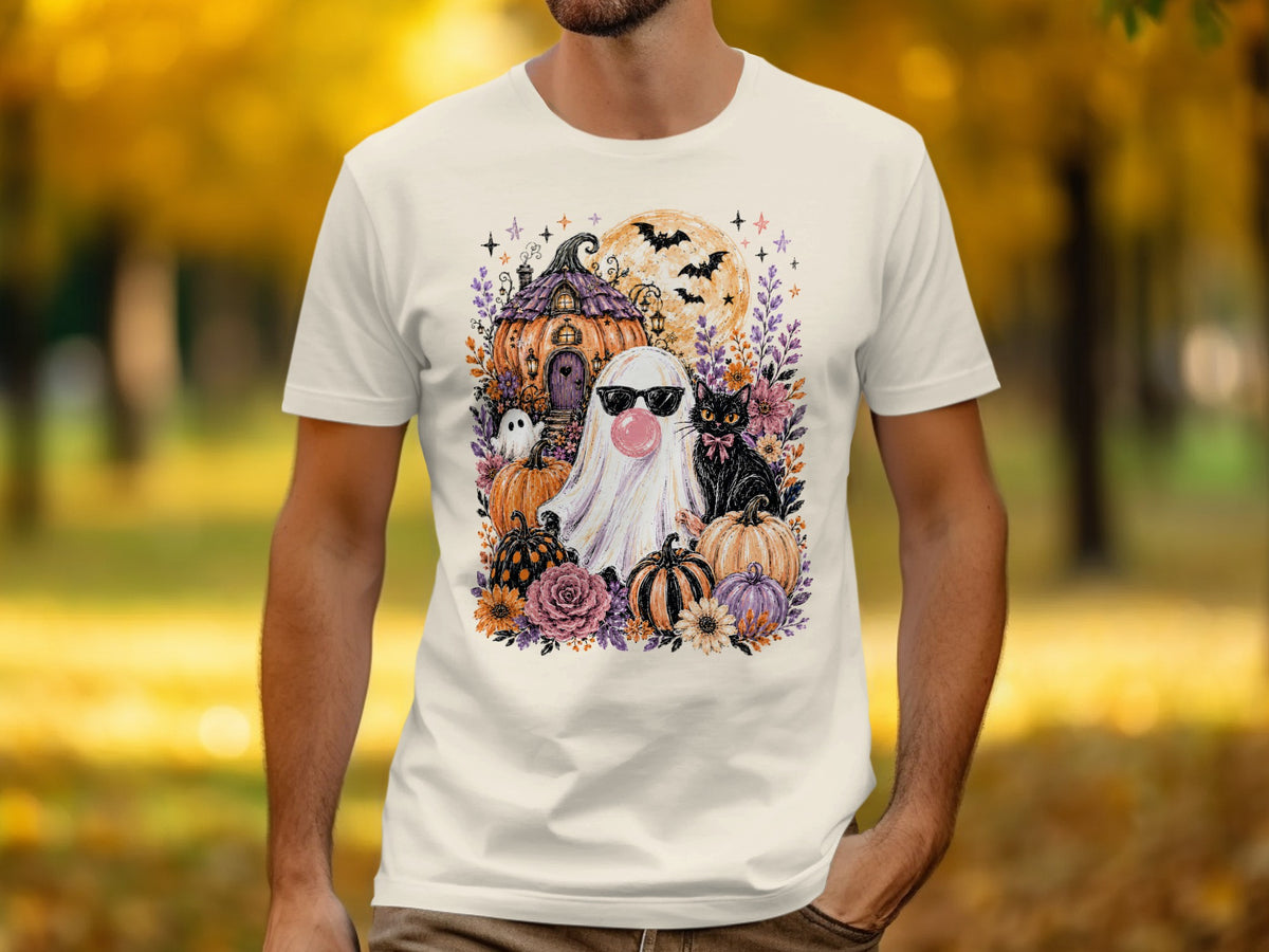 Halloween graphic on a white t-shirt: ghost with sunglasses, pumpkin house, black cat, pumpkins, and flowers.