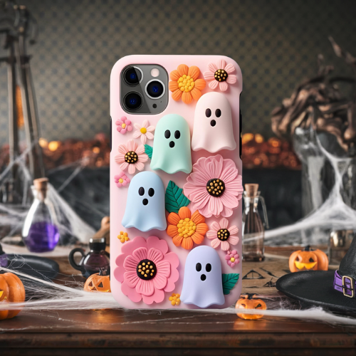 Halloween 3d look pink pastel clay ghost floral cute flower iPhone, Samsung, and Google Pixel. Halloween Doodle Phone Case