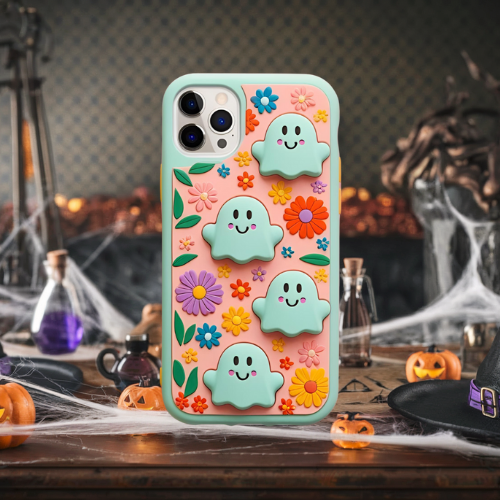 Halloween 3d look pastel clay ghost floral cute flower iPhone, Samsung, and Google Pixel. Halloween Doodle Phone Case