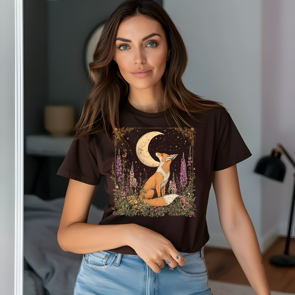 Moonlit Fox Unisex Softstyle T-Shirt | Nature Lover's Tee, Fox Cottage Core Shirt, Celestial Shirt
